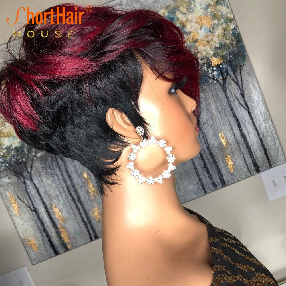 Dark Red Pixie Cut Human Hair Wig - Short Bob with Natural Bangs