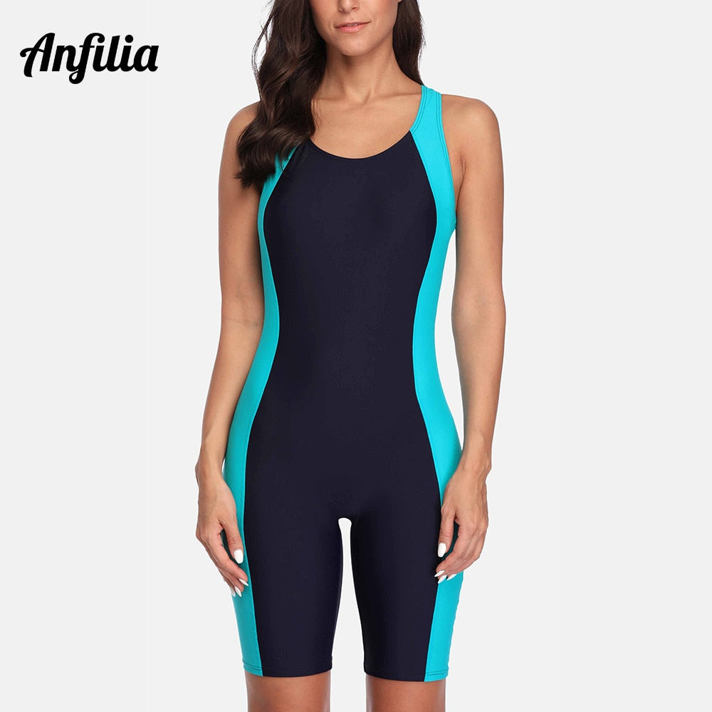 Anfilia Women's Pro Sports One Piece Swimwear with Boyleg, Knee-length, and Patchwork Design