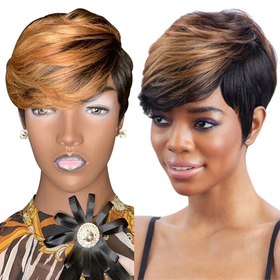 Honey Blonde Ombre Human Hair Bob Wig with Bangs - Straight Pixie Cut Wig for Women