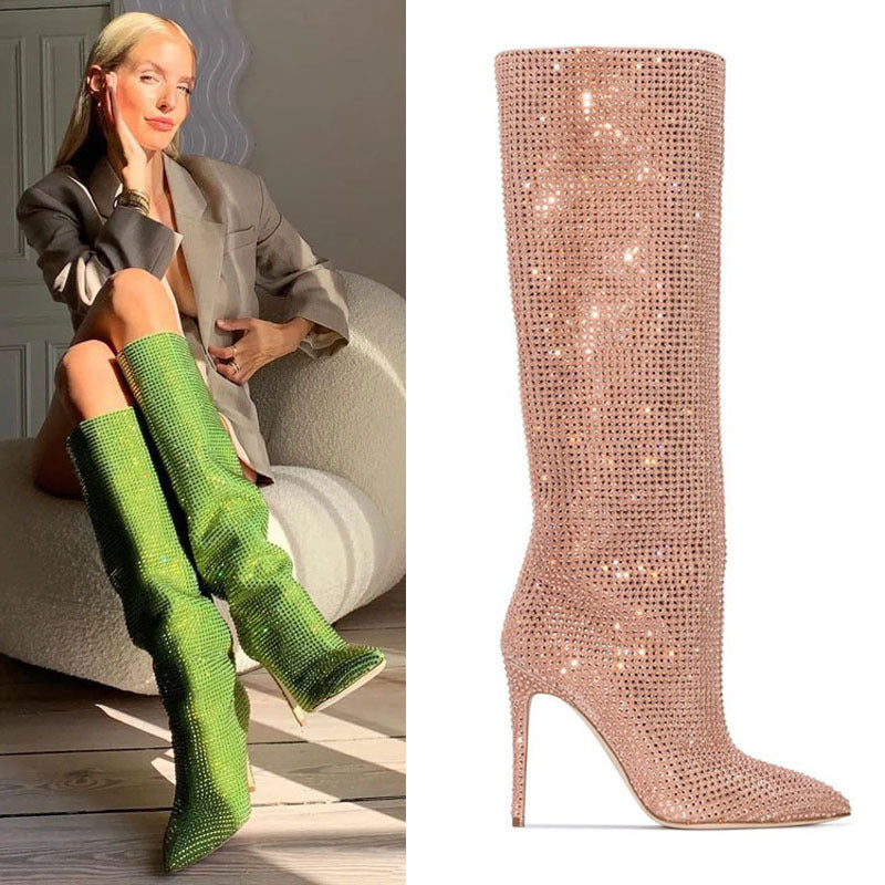 Stylish Rhinestone Embellished Knee-High Boots for Women, Available in Plus Sizes